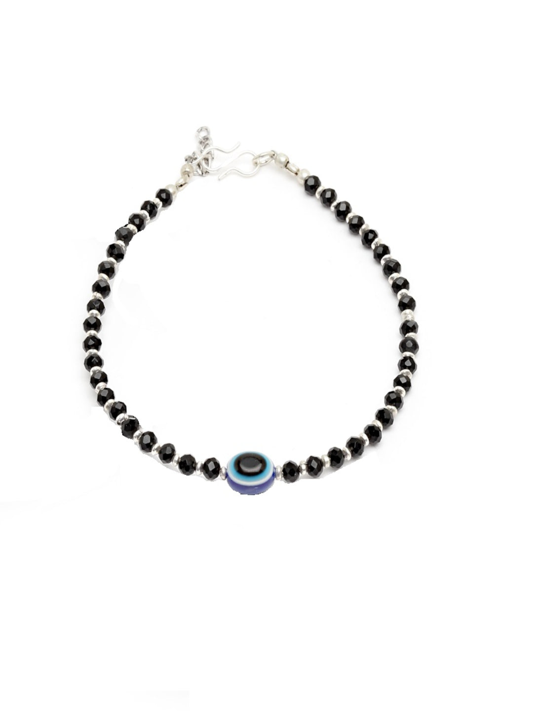 Oxidised German Silver-Plated Black & Blue Evil Eye Beaded Handcrafted Anklet
