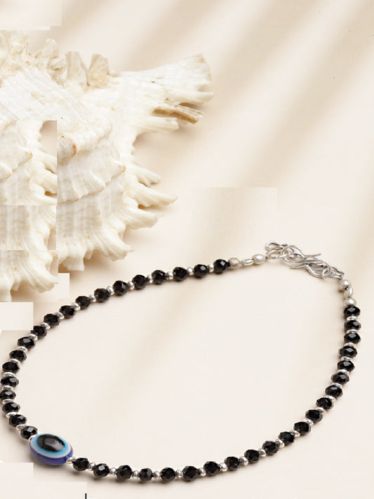 Oxidised German Silver-Plated Black & Blue Evil Eye Beaded Handcrafted Anklet