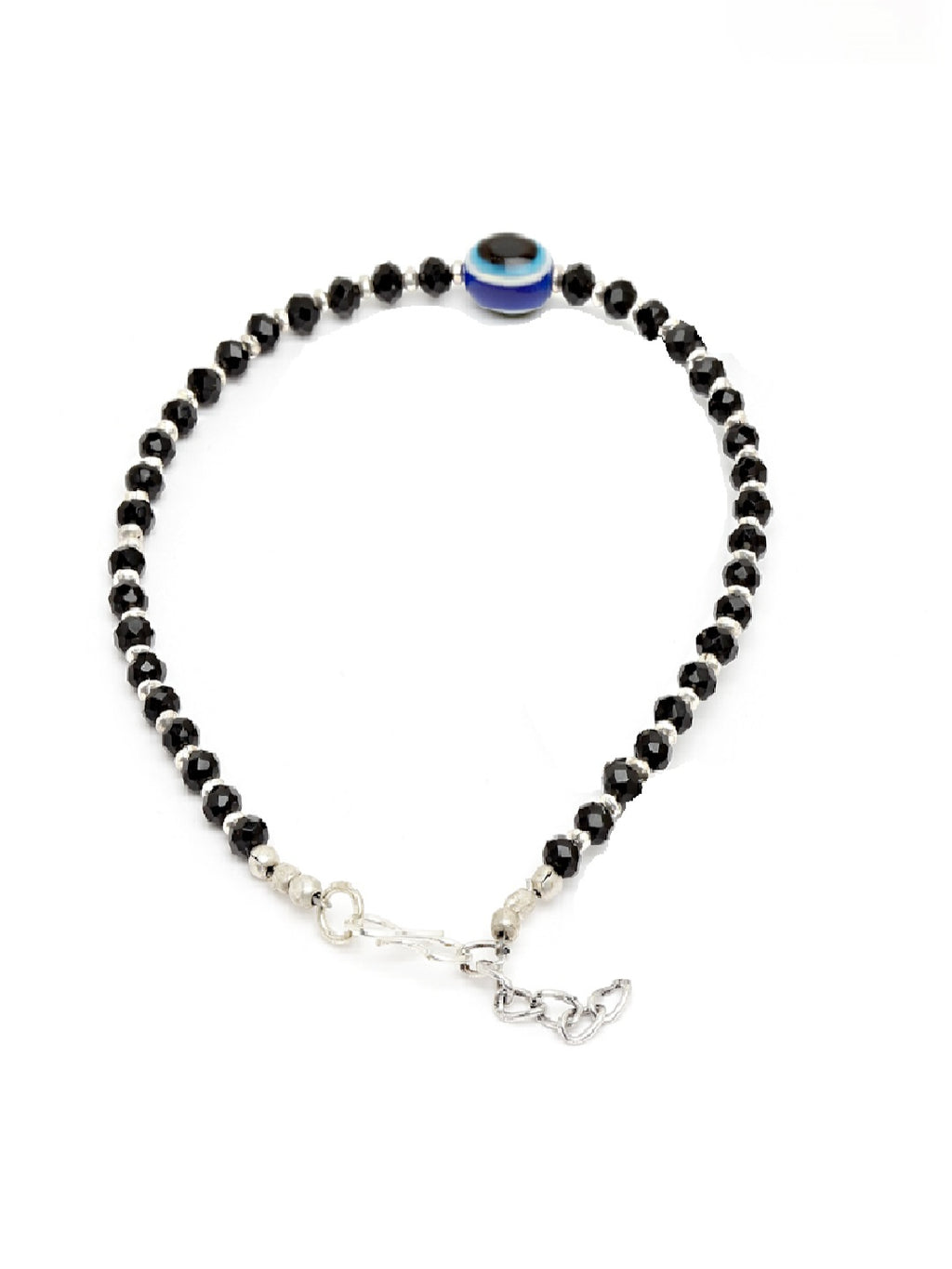Oxidised German Silver-Plated Black & Blue Evil Eye Beaded Handcrafted Anklet