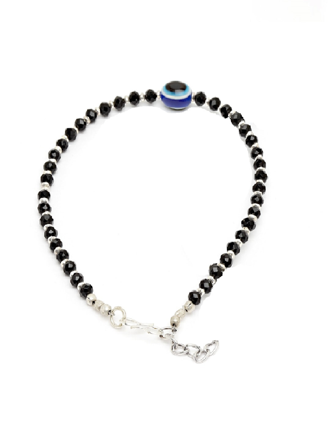 Oxidised German Silver-Plated Black & Blue Evil Eye Beaded Handcrafted Anklet