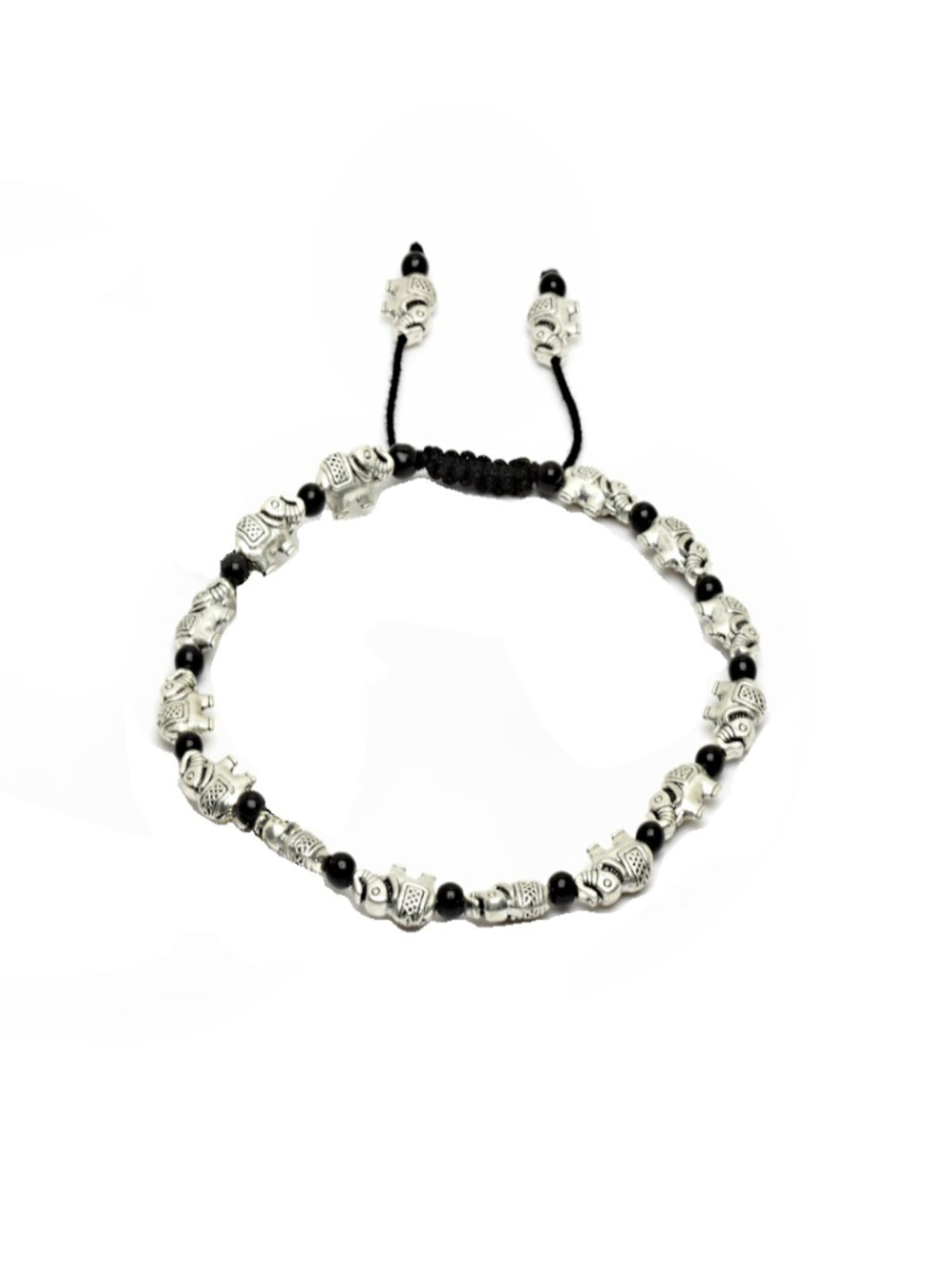 Black Beaded Silver-Plated Charm Oxidized German Silver Thread Anklet