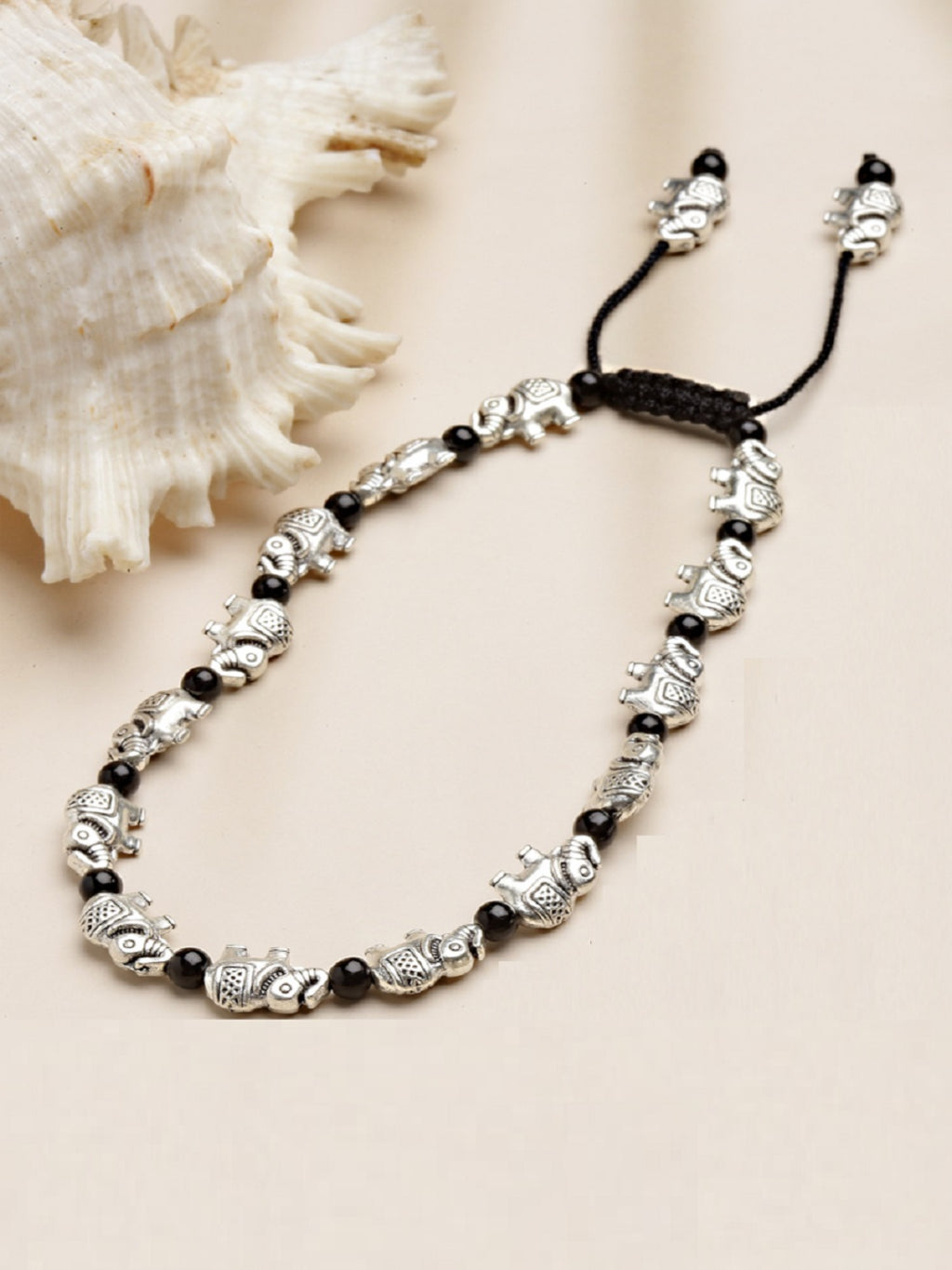 Black Beaded Silver-Plated Charm Oxidized German Silver Thread Anklet