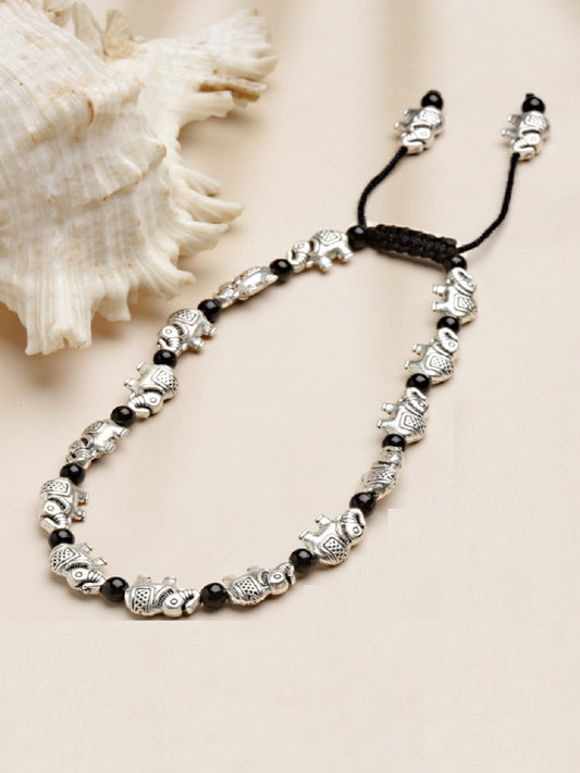 Black Beaded Silver-Plated Charm Oxidized German Silver Thread Anklet