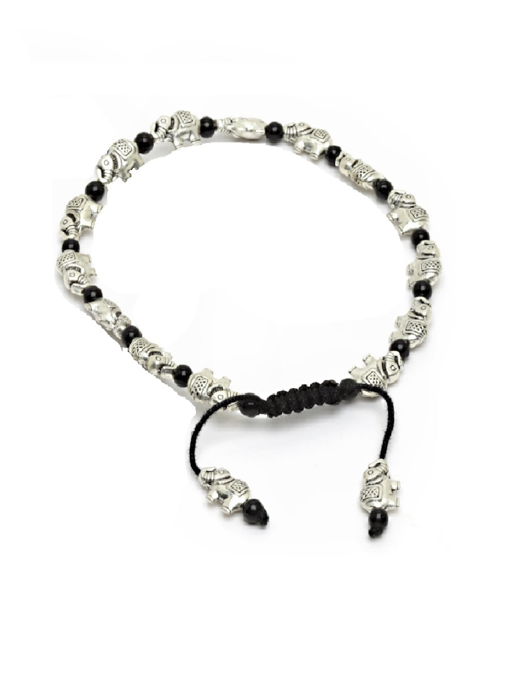 Black Beaded Silver-Plated Charm Oxidized German Silver Thread Anklet