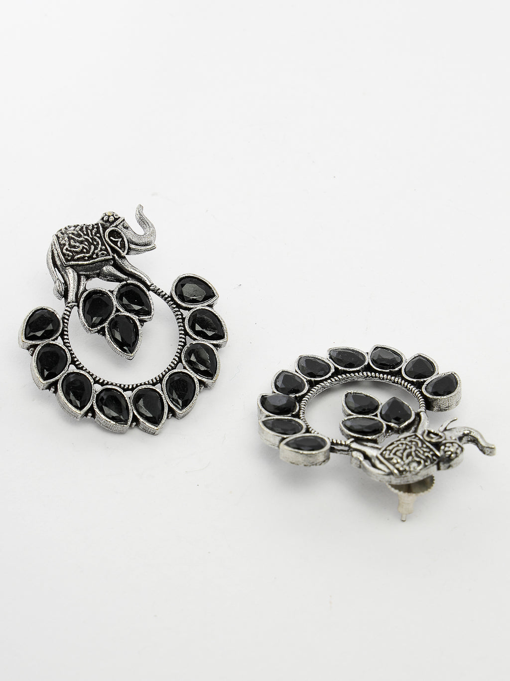 German Silver Oxidized Stone Studded Drop Elephant Earrings