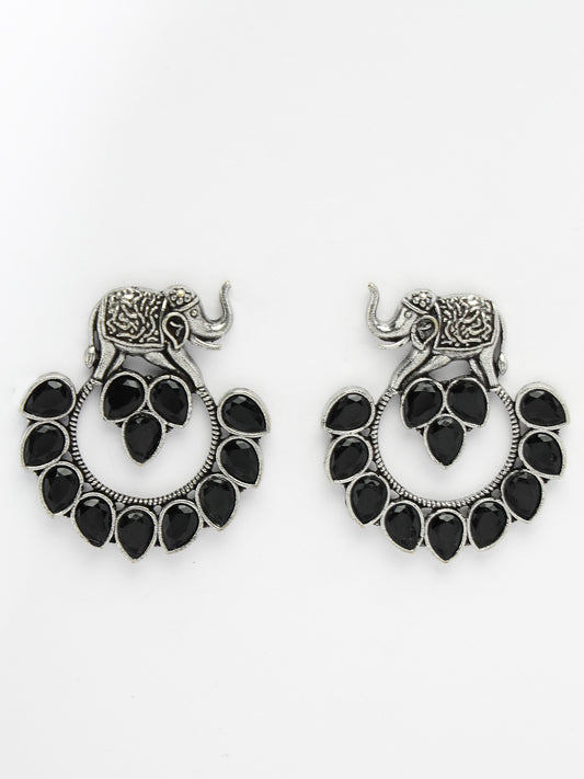 German Silver Oxidized Stone Studded Drop Elephant Earrings