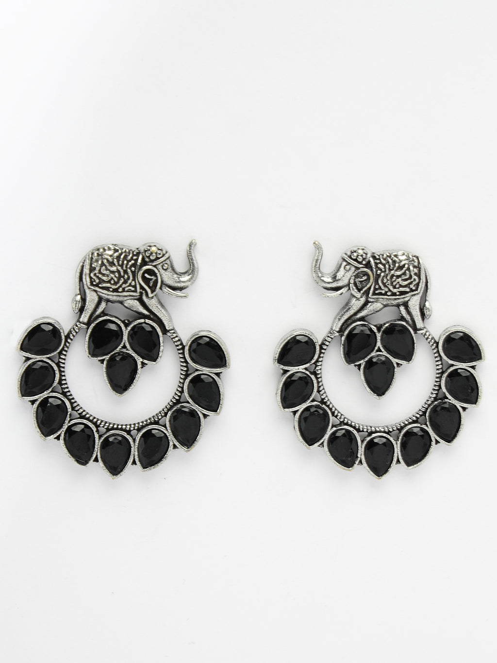 German Silver Oxidized Stone Studded Drop Elephant Earrings