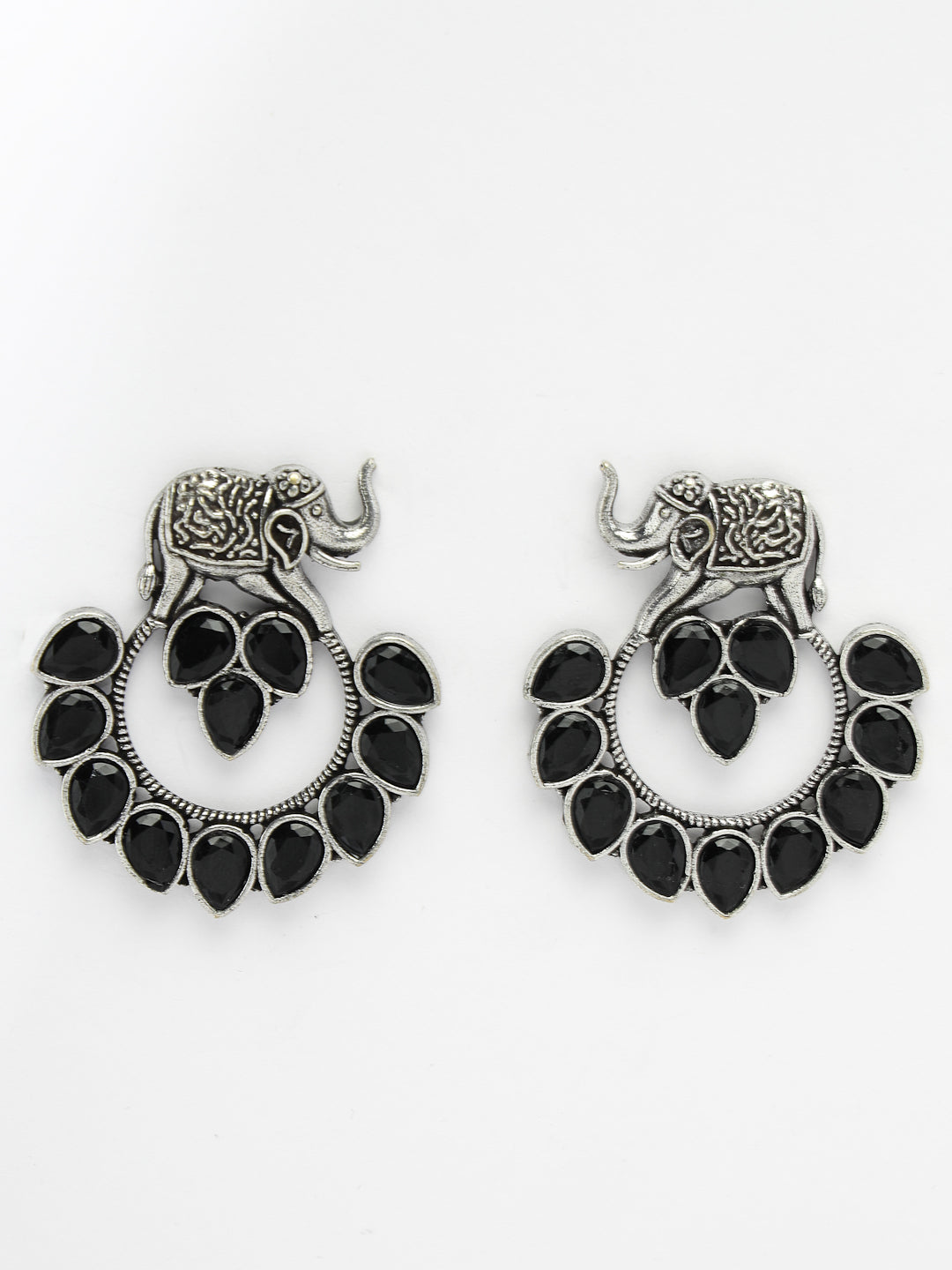 German Silver Oxidized Stone Studded Drop Elephant Earrings