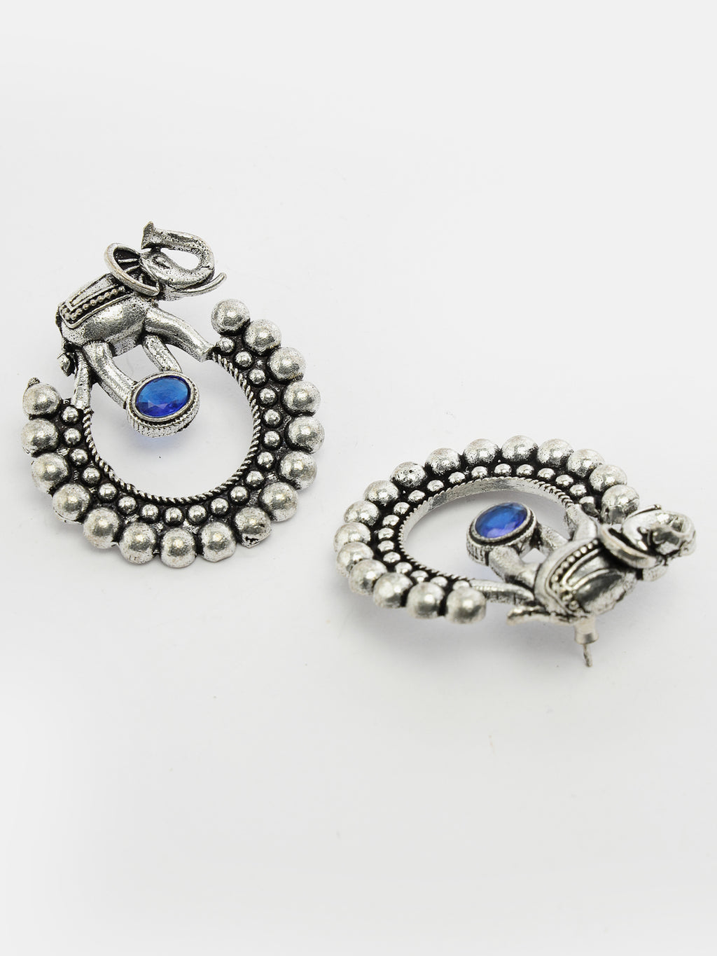 German Silver Oxidized Stone Studded Drop Elephant Earrings