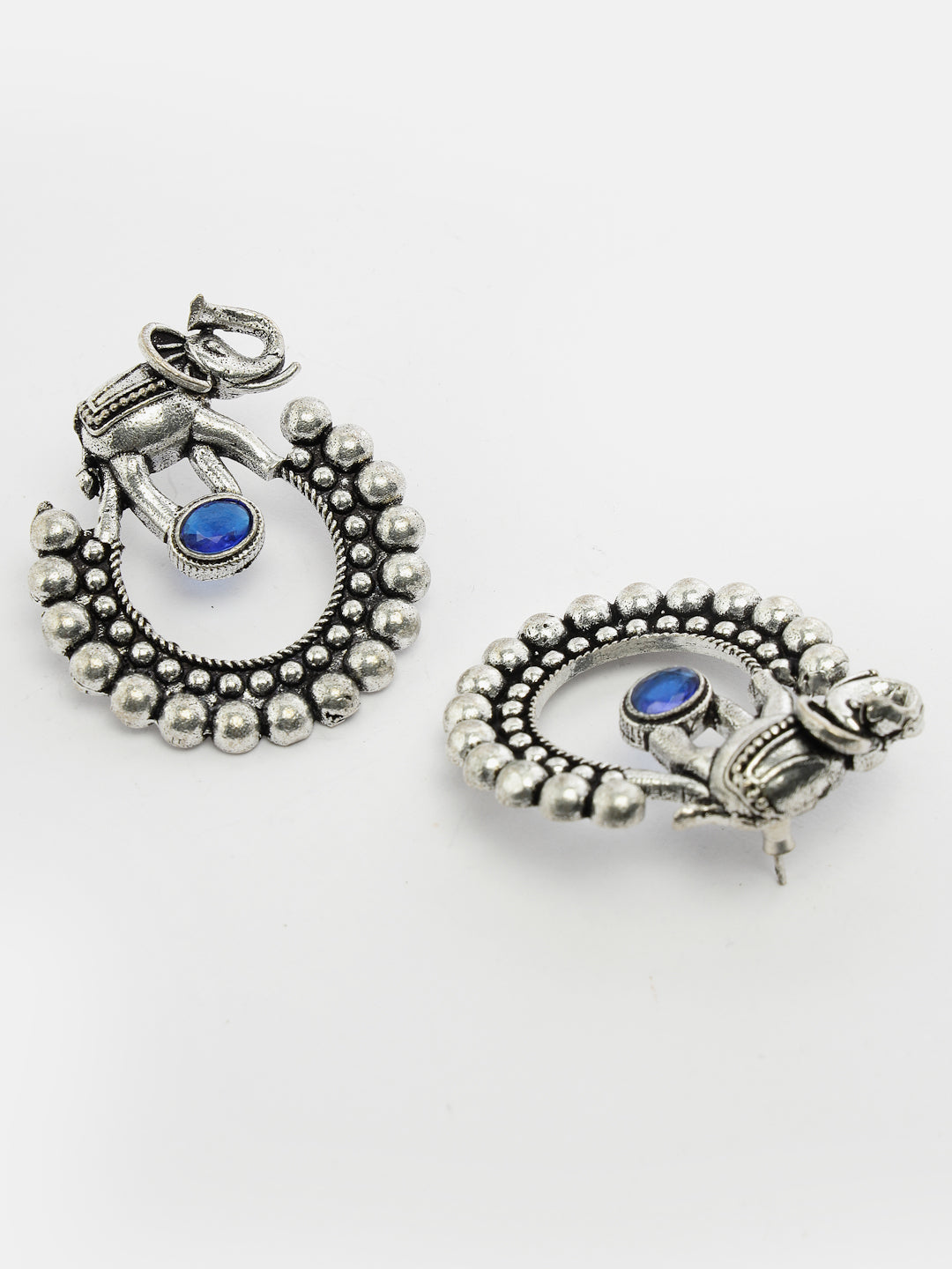 German Silver Oxidized Stone Studded Drop Elephant Earrings