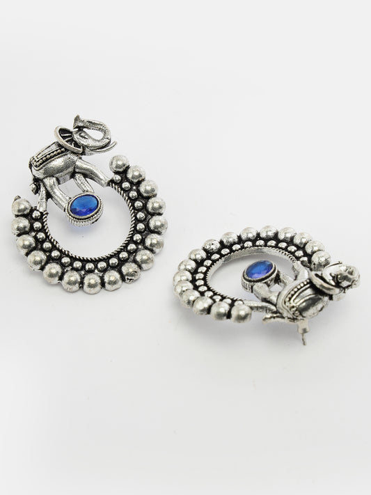 German Silver Oxidized Stone Studded Drop Elephant Earrings