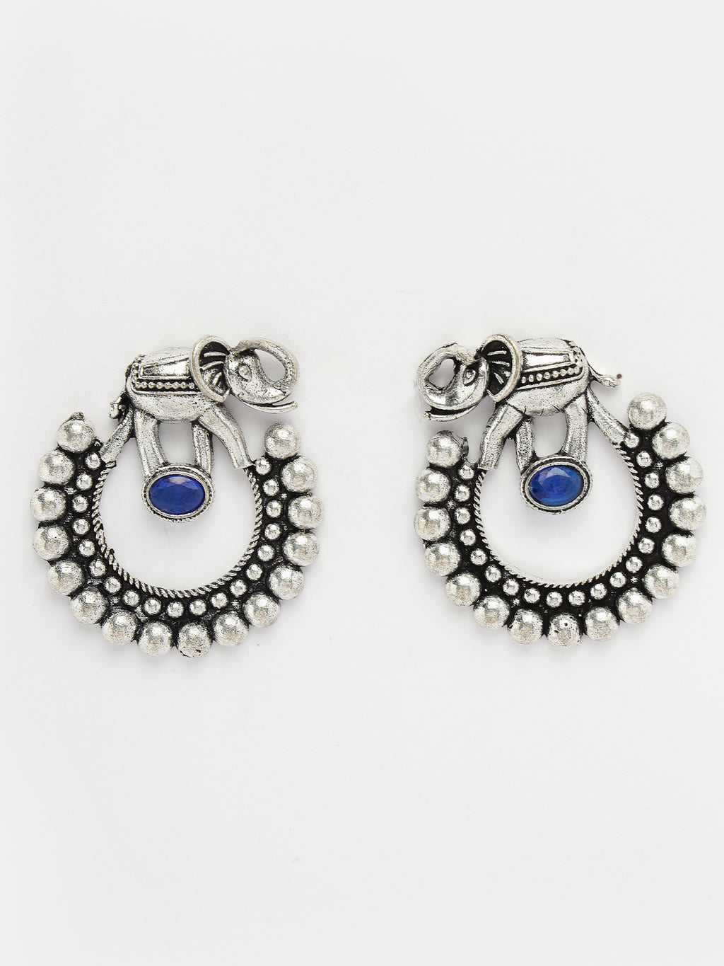 German Silver Oxidized Stone Studded Drop Elephant Earrings