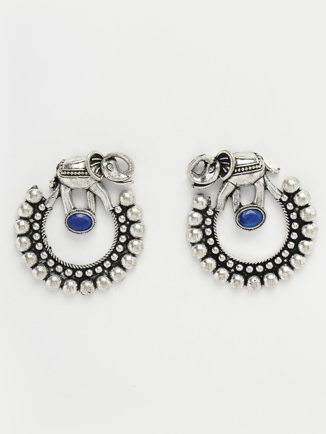 German Silver Oxidized Stone Studded Drop Elephant Earrings