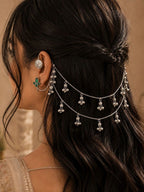 Silver-Plated Green Floral Ear Cuff Earrings with Hair Chain