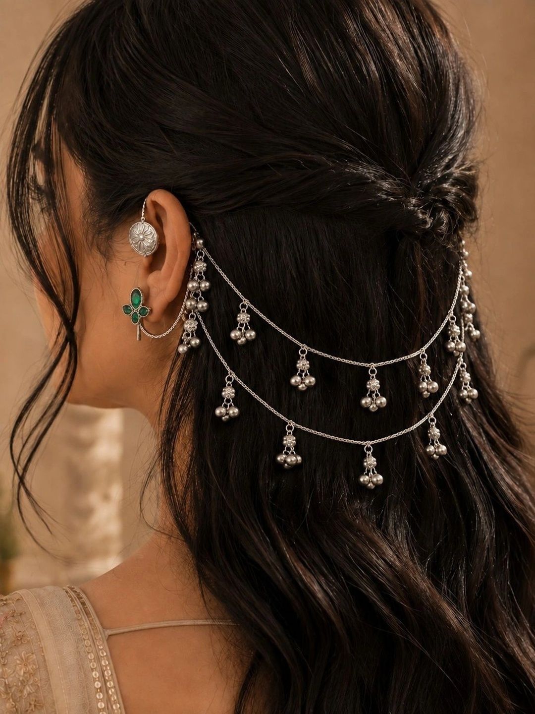Silver-Plated Green Floral Ear Cuff Earrings with Hair Chain