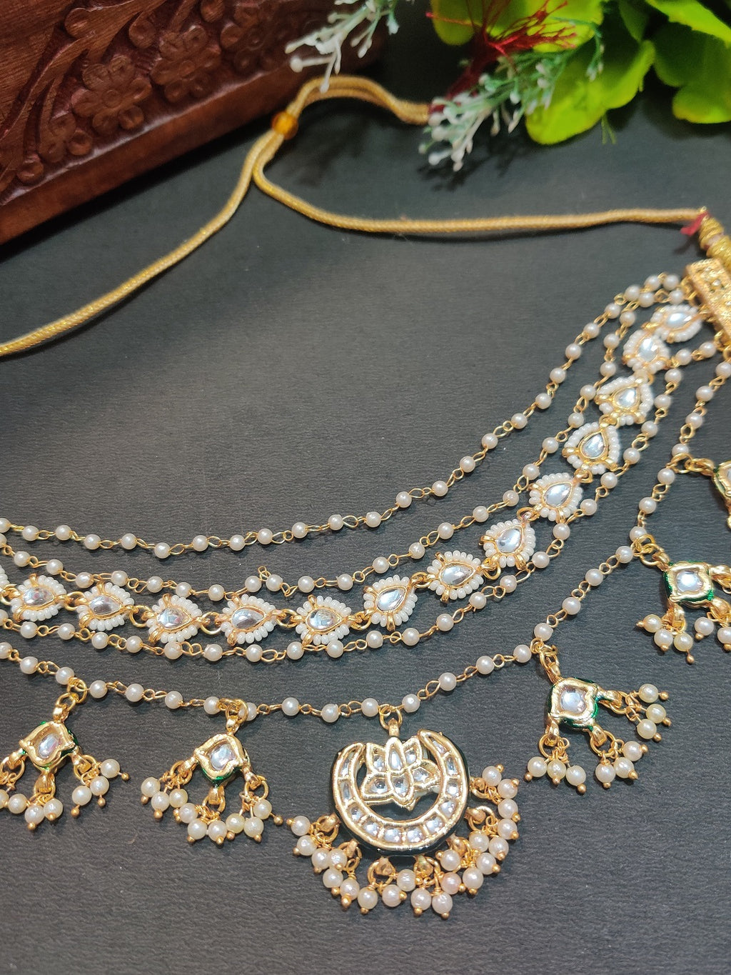 Gold-Plated Kundan Studded Pearls Beaded Layered Choker Necklace