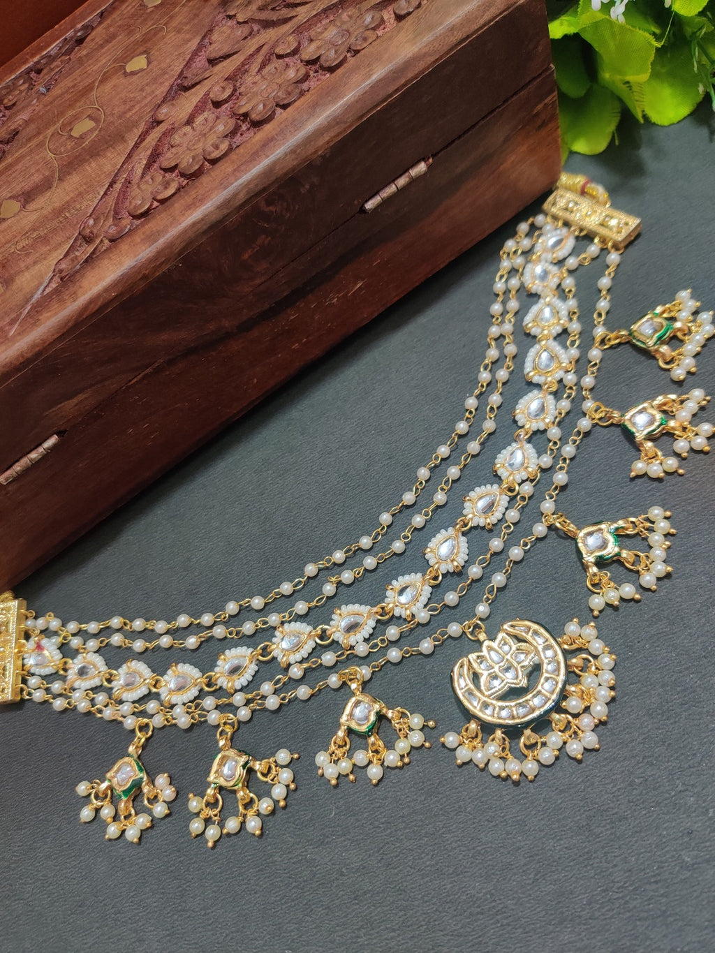 Gold-Plated Kundan Studded Pearls Beaded Layered Choker Necklace