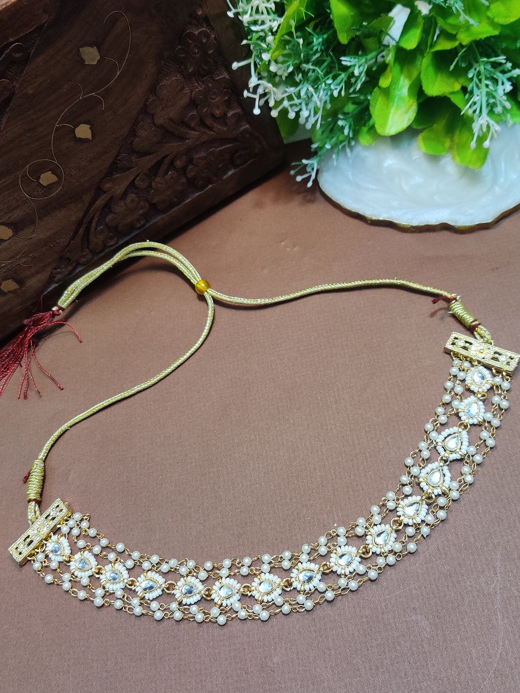 Gold-Plated Kundan Studded Pearls Beaded Layered Choker Necklace