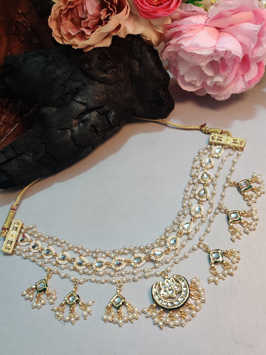 Gold-Plated Kundan Studded Pearls Beaded Layered Choker Necklace