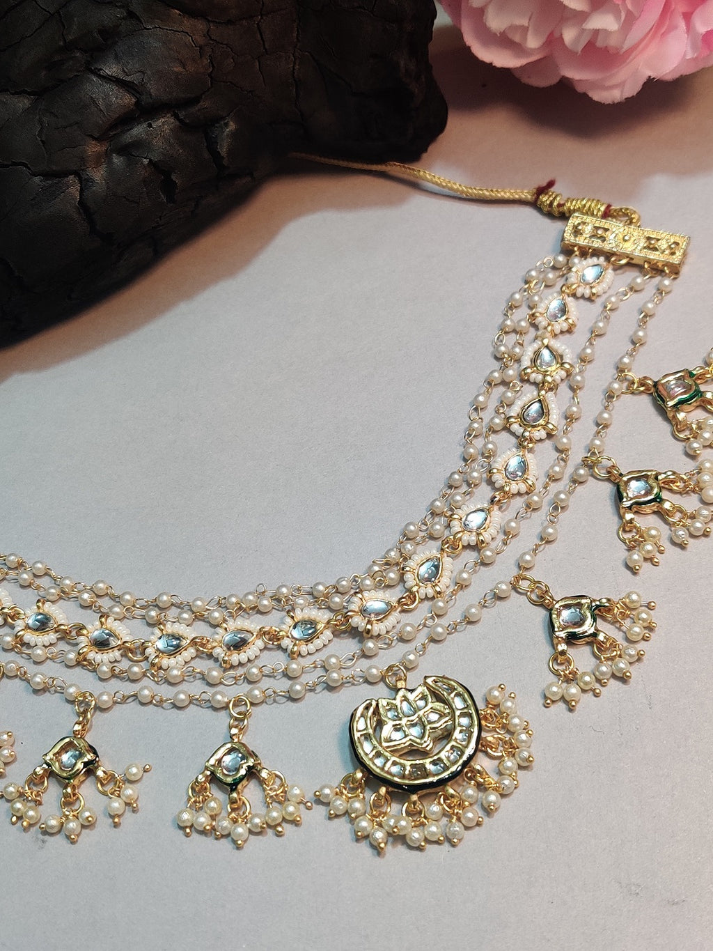 Gold-Plated Kundan Studded Pearls Beaded Layered Choker Necklace