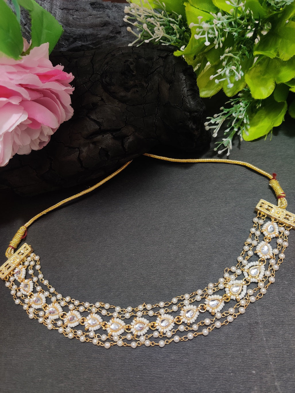 Gold-Plated Kundan Studded Pearls Beaded Layered Choker Necklace