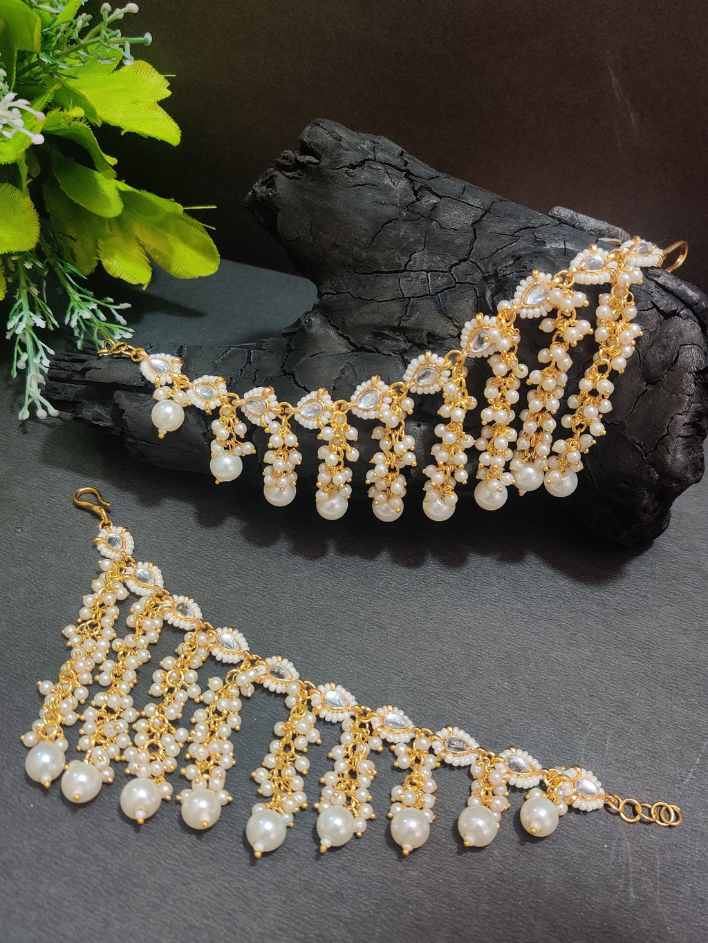 Gold-Plated Pearls Studded Layered Ear Chain With Pearl Drops Earrings