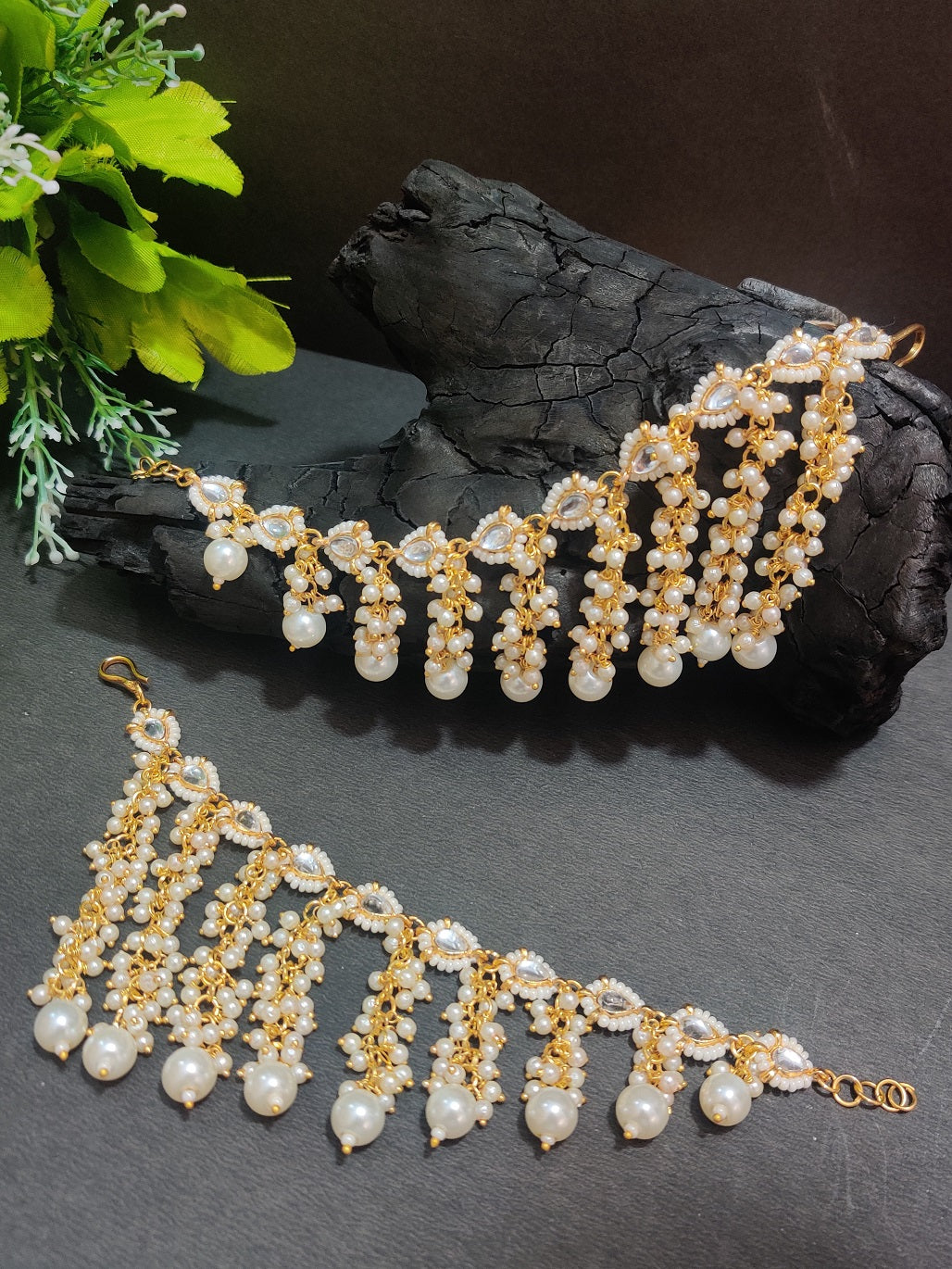 Gold-Plated Pearls Studded Layered Ear Chain With Pearl Drops Earrings