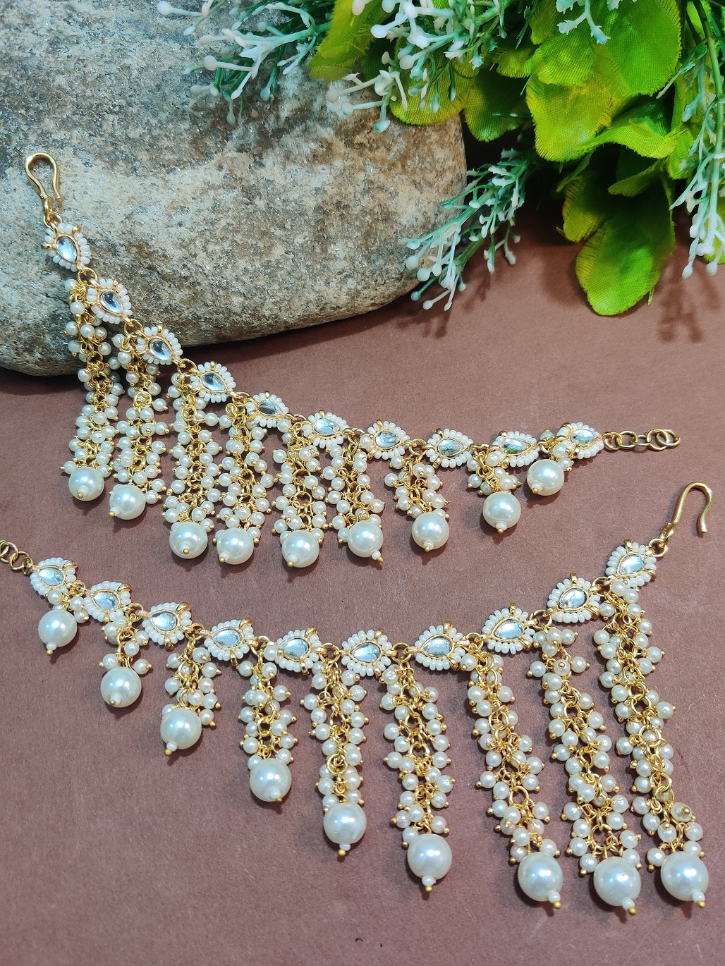 Gold-Plated Pearls Studded Layered Ear Chain With Pearl Drops Earrings