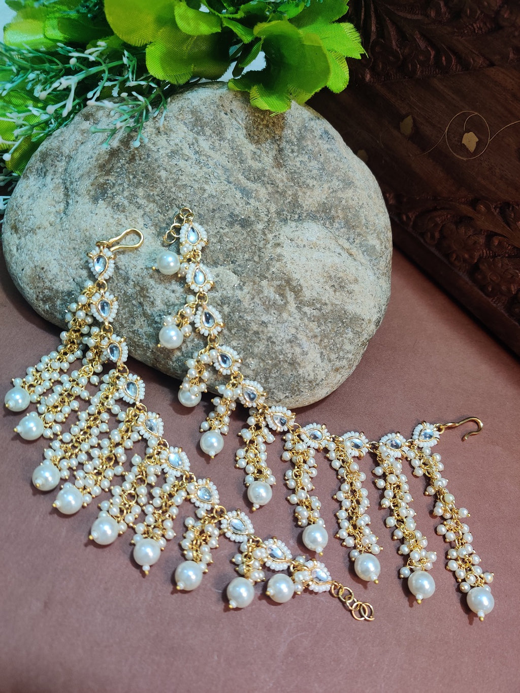 Gold-Plated Pearls Studded Layered Ear Chain With Pearl Drops Earrings