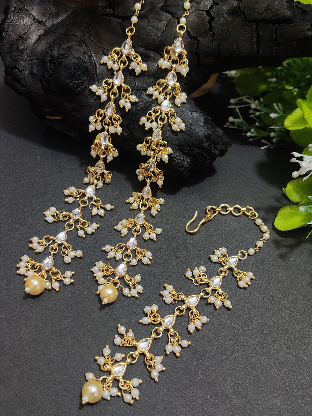 Gold Plated Kundan Studded Pear Drops Earchain Earrings and Maang Tiika Jewellery Set