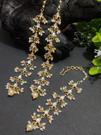 Gold Plated Kundan Studded Pear Drops Earchain Earrings and Maang Tiika Jewellery Set