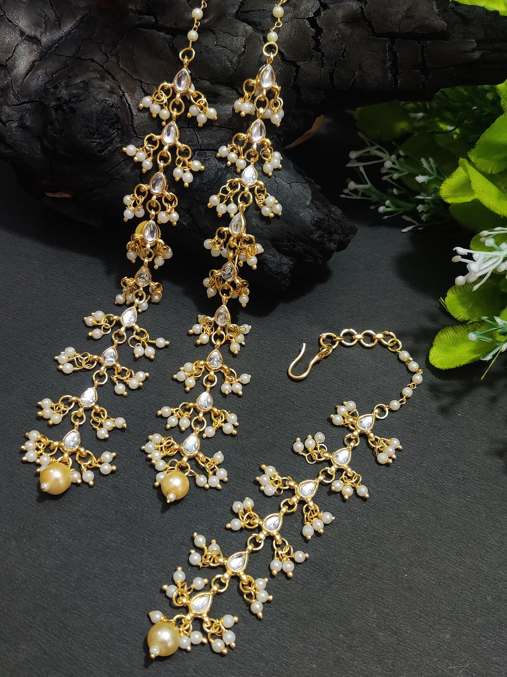 Gold Plated Kundan Studded Pear Drops Earchain Earrings and Maang Tiika Jewellery Set