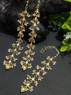 Gold Plated Kundan Studded Pear Drops Earchain Earrings and Maang Tiika Jewellery Set