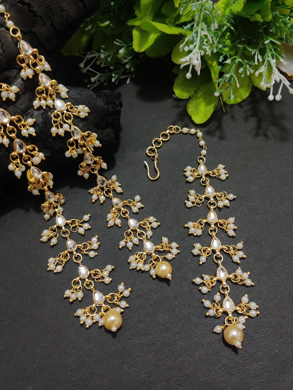 Gold Plated Kundan Studded Pear Drops Earchain Earrings and Maang Tiika Jewellery Set