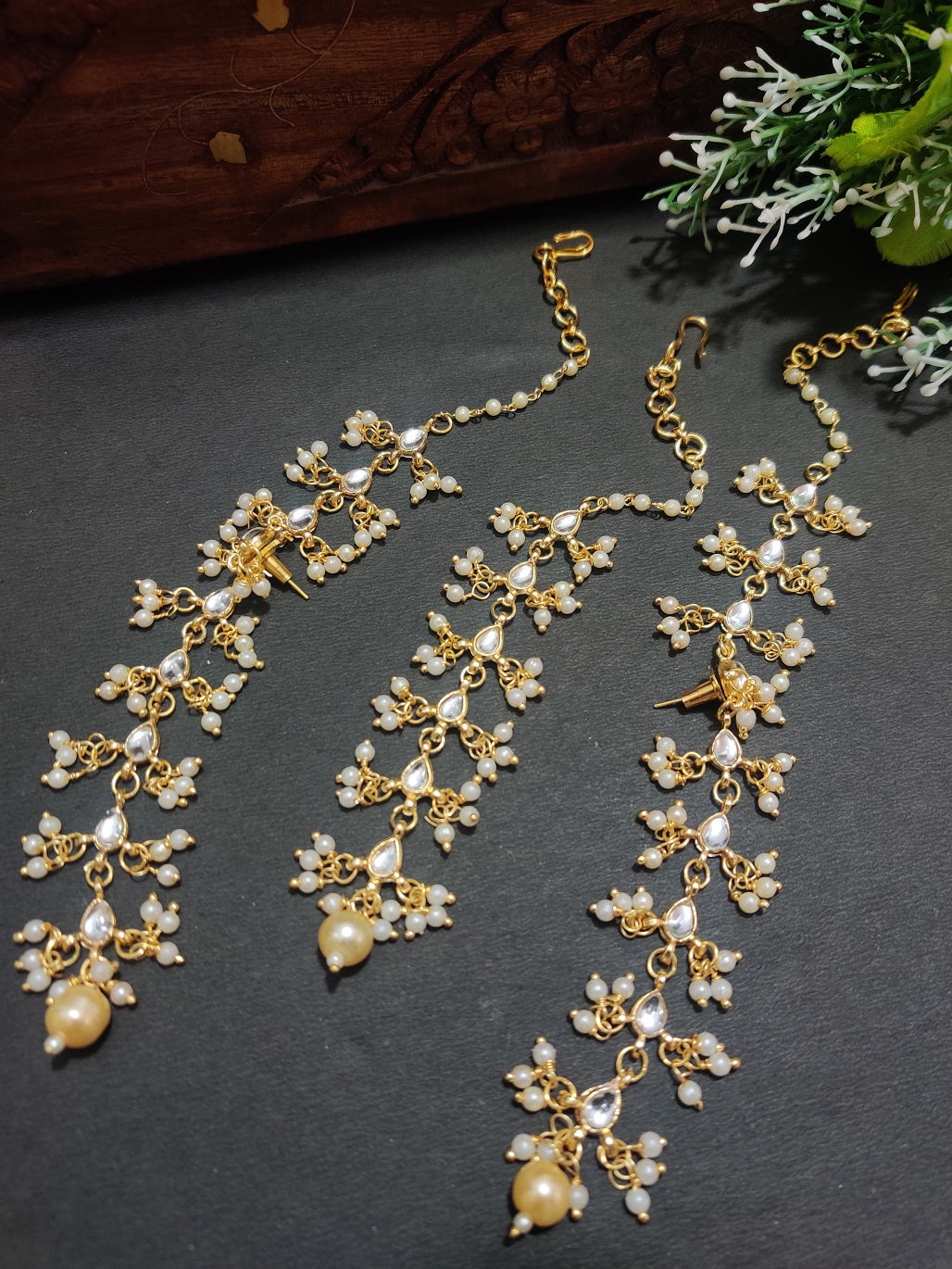 Gold Plated Kundan Studded Pear Drops Earchain Earrings and Maang Tiika Jewellery Set