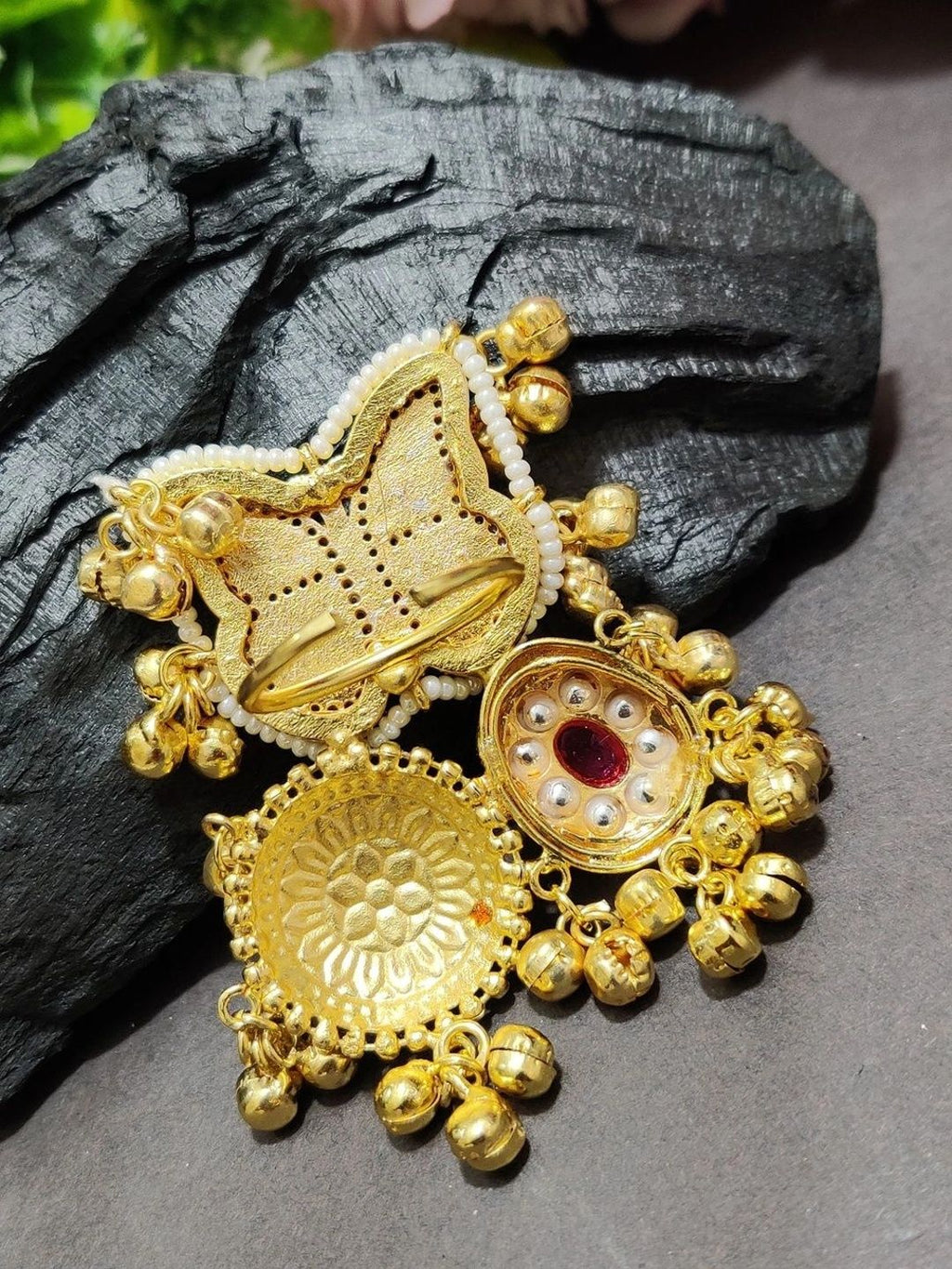 Gold-Plated Kundan Butterfly Adjustable Ghungroo Finger Ring – Red