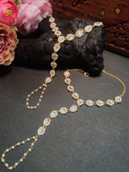 Set Of 2 Gold-Plated Kundan Studded Finger Ring Hathphool Pearl Bracelets