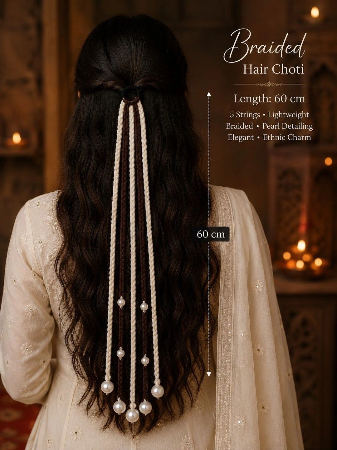 Handmade Crochet Choti Paranda Boho Hair Strings – Brown & White