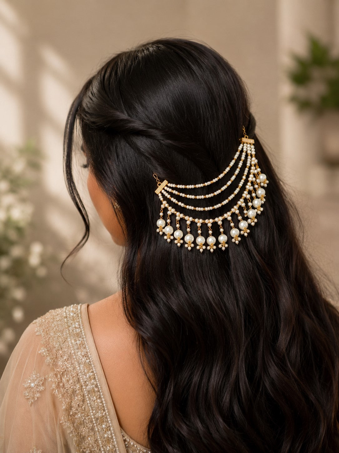 Gold-Plated Pearls Studded Layered Ear Chain Sahara Earrings