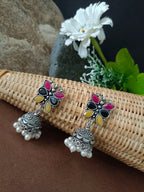Sanjog Oxidized Silver Multi-Color Stone Floral Jhumka Earrings with Pearl Drops