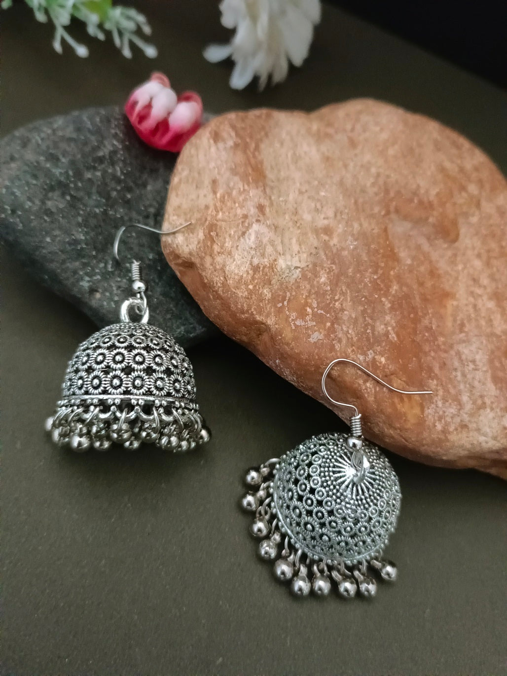 German Silver Silver-Plated Ghungroo Beaded Dome Shaped Oxidised Jhumkas