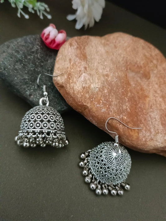 German Silver Silver-Plated Ghungroo Beaded Dome Shaped Oxidised Jhumkas
