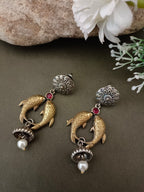 Sanjog Dual-Tone Oxidized Fish Motif Drop Earrings with Ruby Stone and Ghungroo Bell