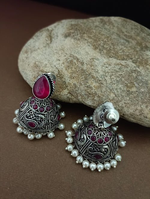 German Silver Plated Artificial Stones Studded And Beaded Dome Oxidised Jhumkas