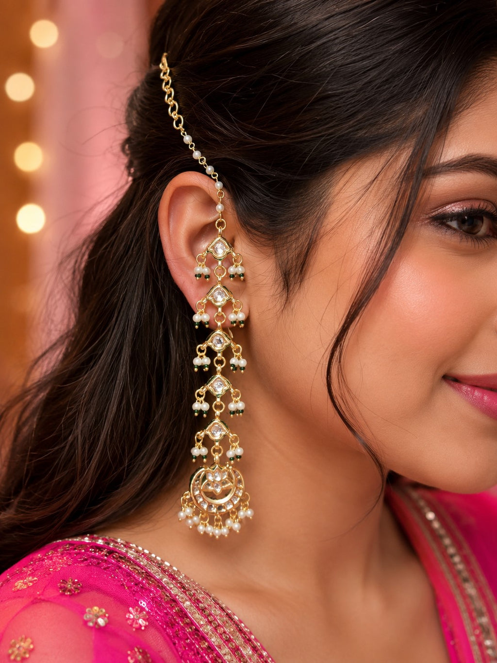 Gold Plated Kundan Studded Chandbali Earrings and Maang Tiika Jewellery Set