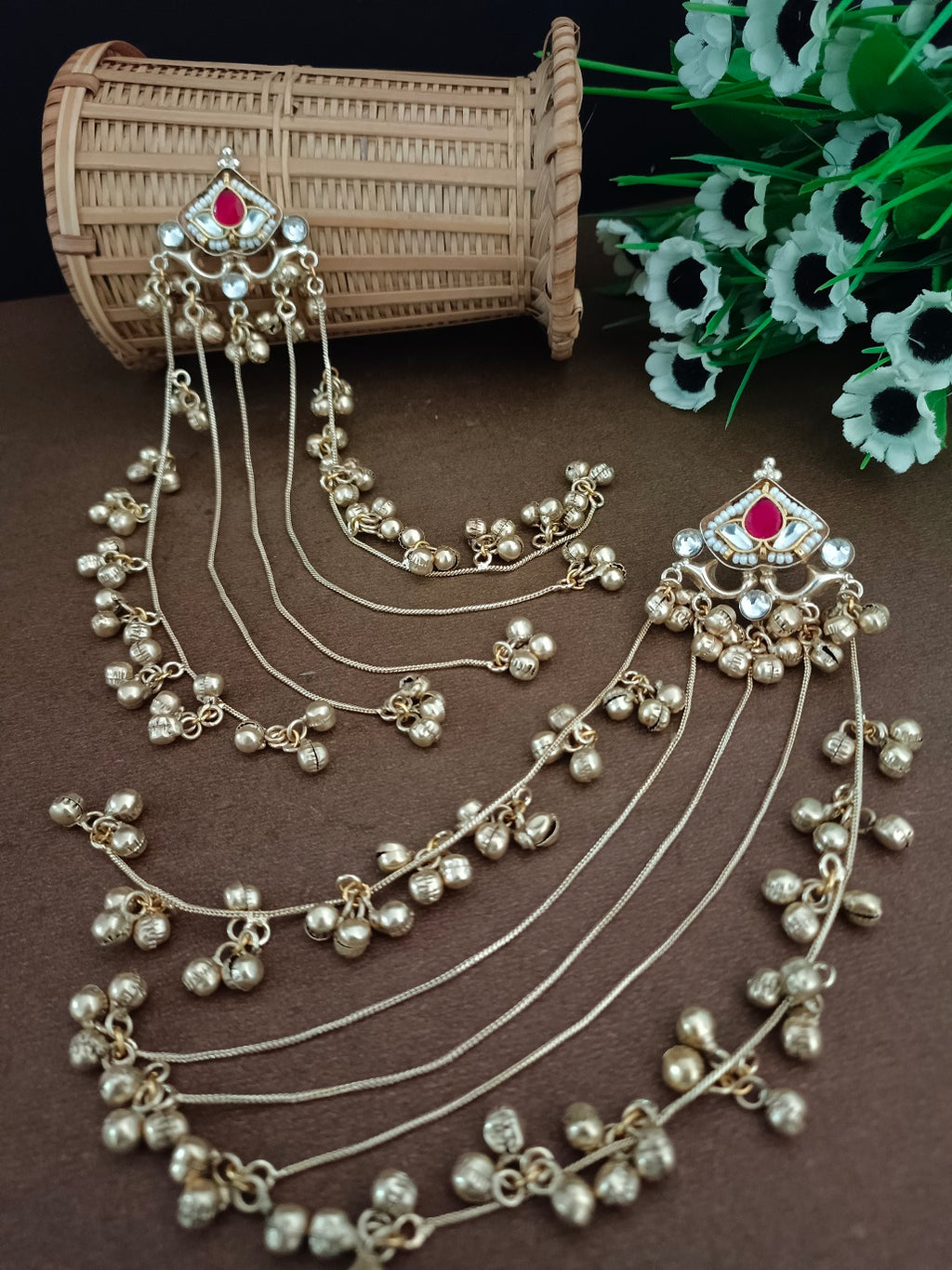 Brass-Plated Pachi Kundan & Ghungaroo Beaded Kashmiri Drop Earrings