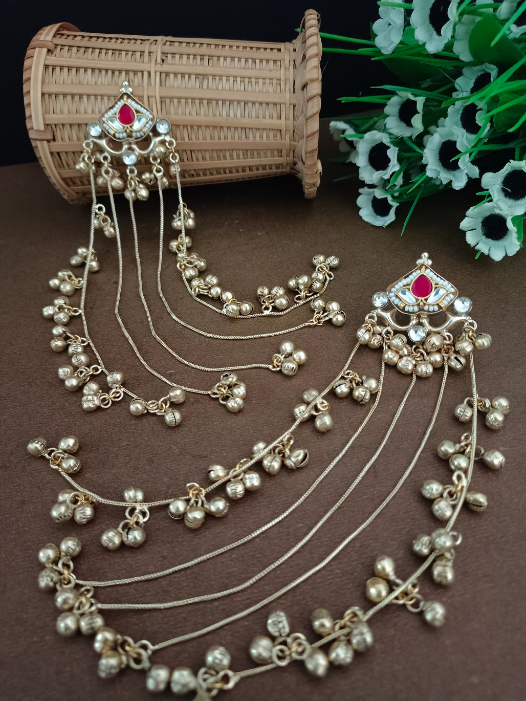 Brass-Plated Pachi Kundan & Ghungaroo Beaded Kashmiri Drop Earrings