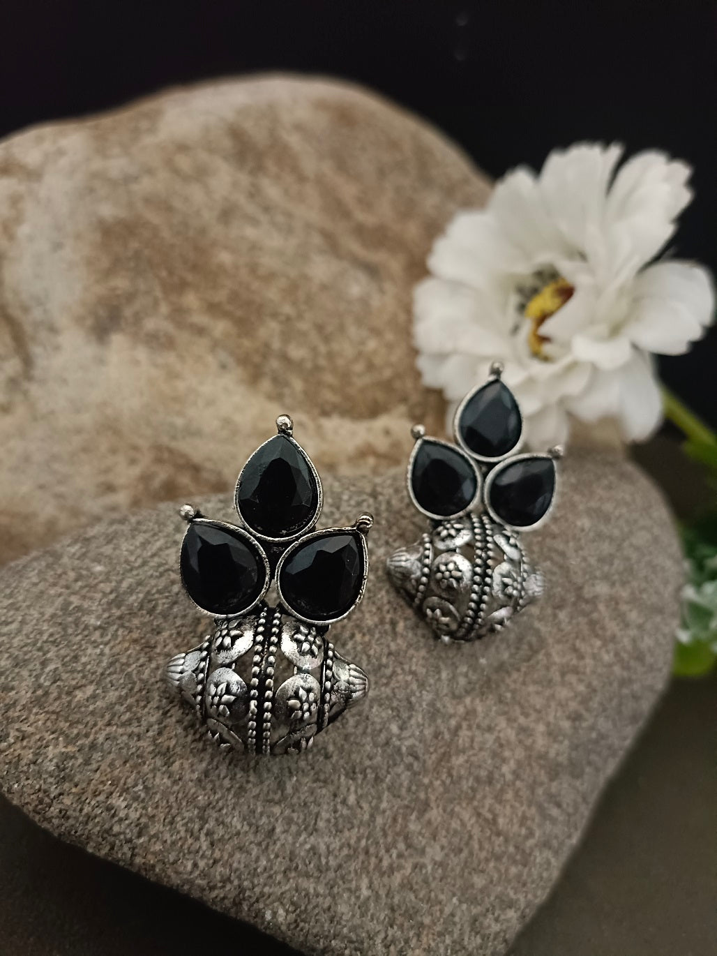 Sanjog Oxidised Silver Look Tribal Stud Earrings with Black Stone Embellishment