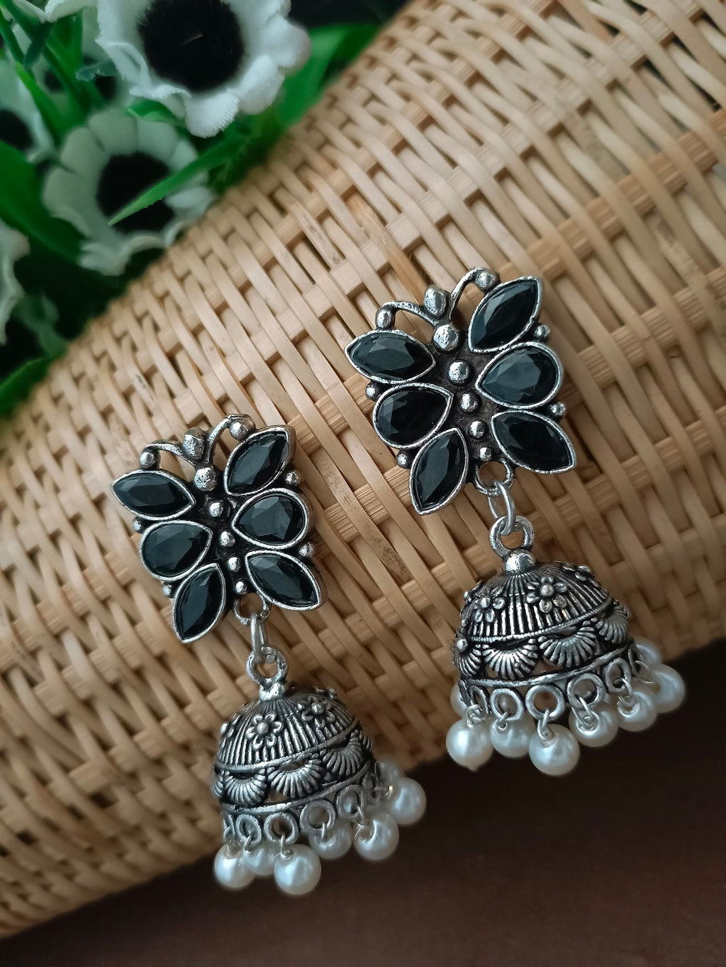 Sanjog Oxidized Silver Black Stone Floral Jhumka Earrings with Pearl Drops