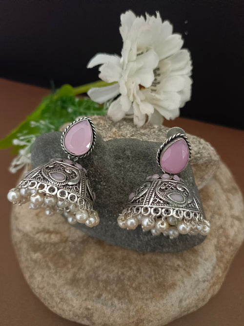 German Silver Plated Artificial Stones Studded And Beaded Dome Oxidised Jhumkas